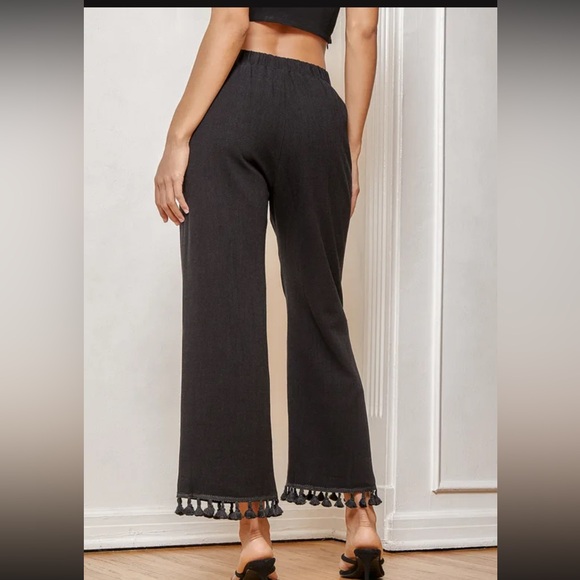 Linen Blend One Shoulder Tassel Crop Top & Wide-Leg Pants Set - Like New - Picture 8 of 17